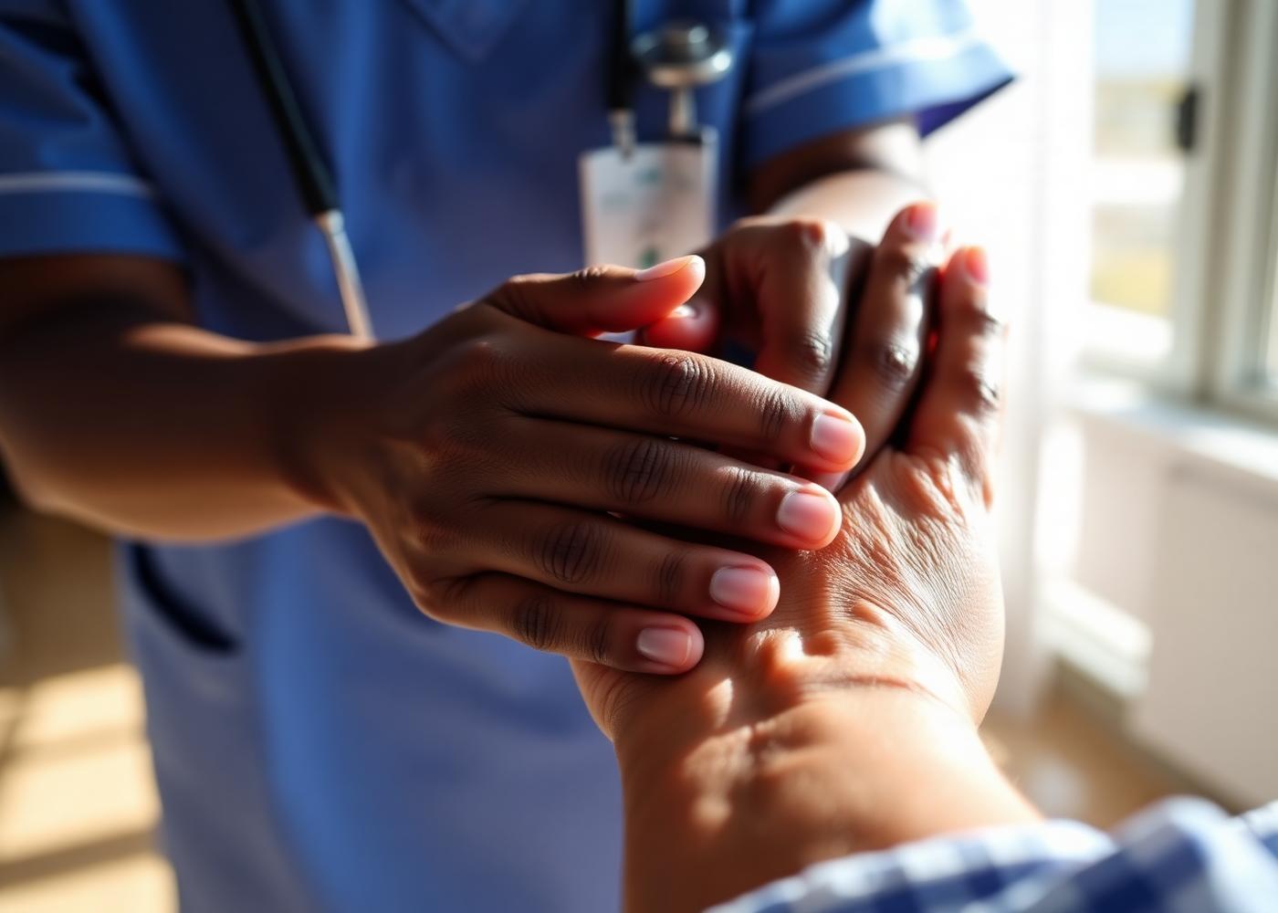 Nurse holding elderly patient's hand